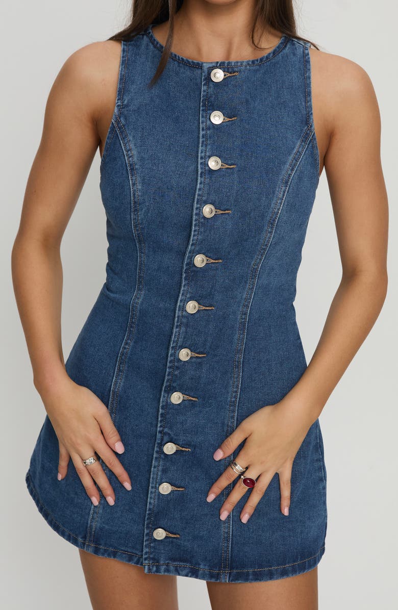 Princess Polly Yumiko Denim Skirted Romper, Alternate, color, Blue