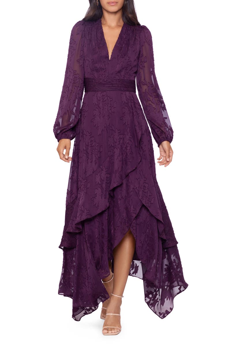 Xscape Evenings Floral Long Sleeve Metallic Chiffon Gown, Main, color, 