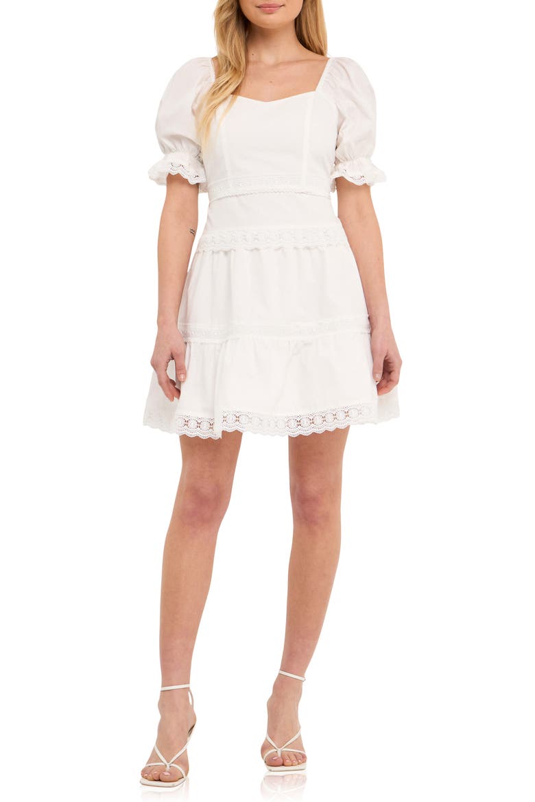 Lace Trim Puff Sleeve Minidress, Main, color, WHITE
