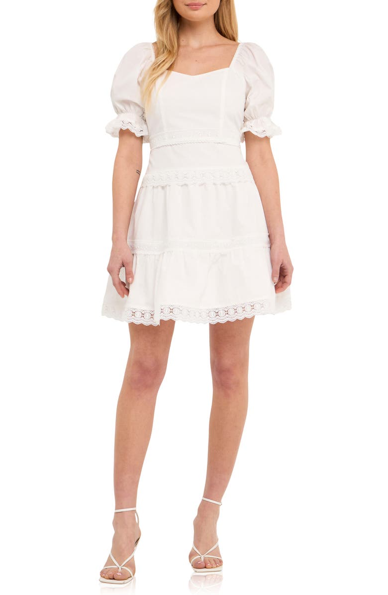 Endless Rose Lace Trim Puff Sleeve Minidress, Main, color, White