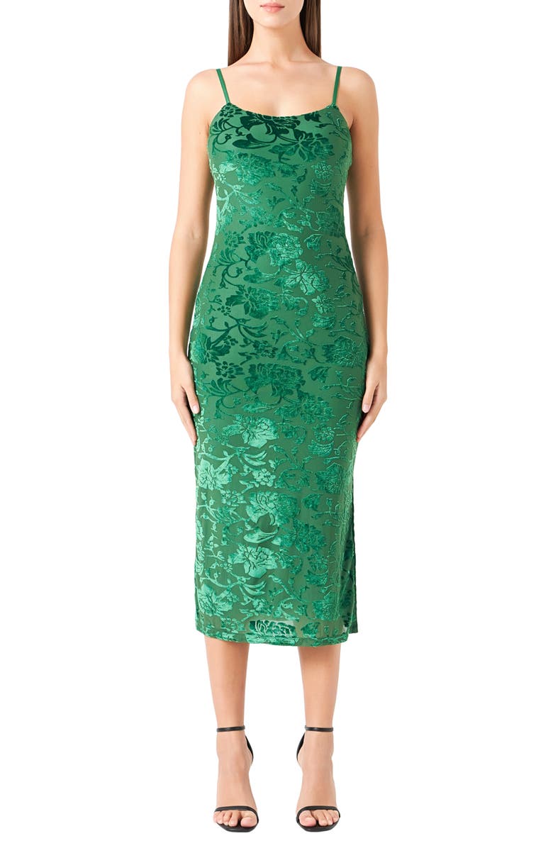 Endless Rose Velvet Floral Midi Slipdress, Main, color, Green