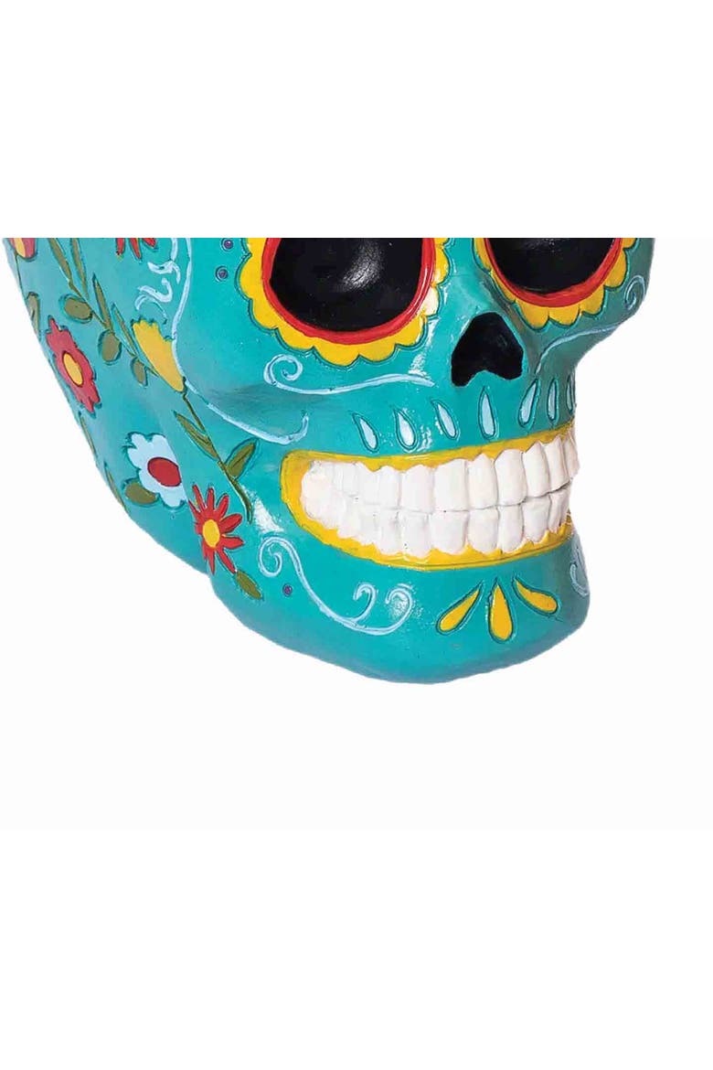 Aqua Floral Sugar Skull Decorative Figure Figurine, Alternate, color, Blue