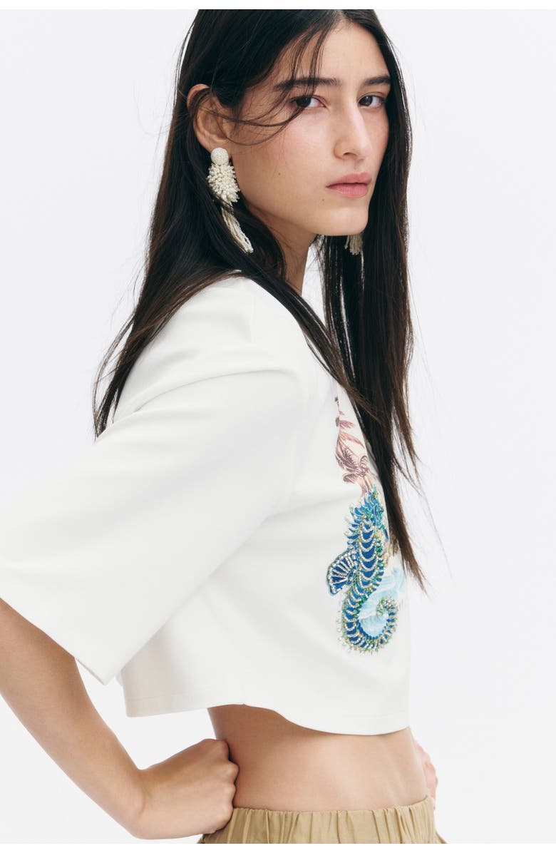 H&M Cropped Embellished T-shirt, Alternate, color, White/Seahorses