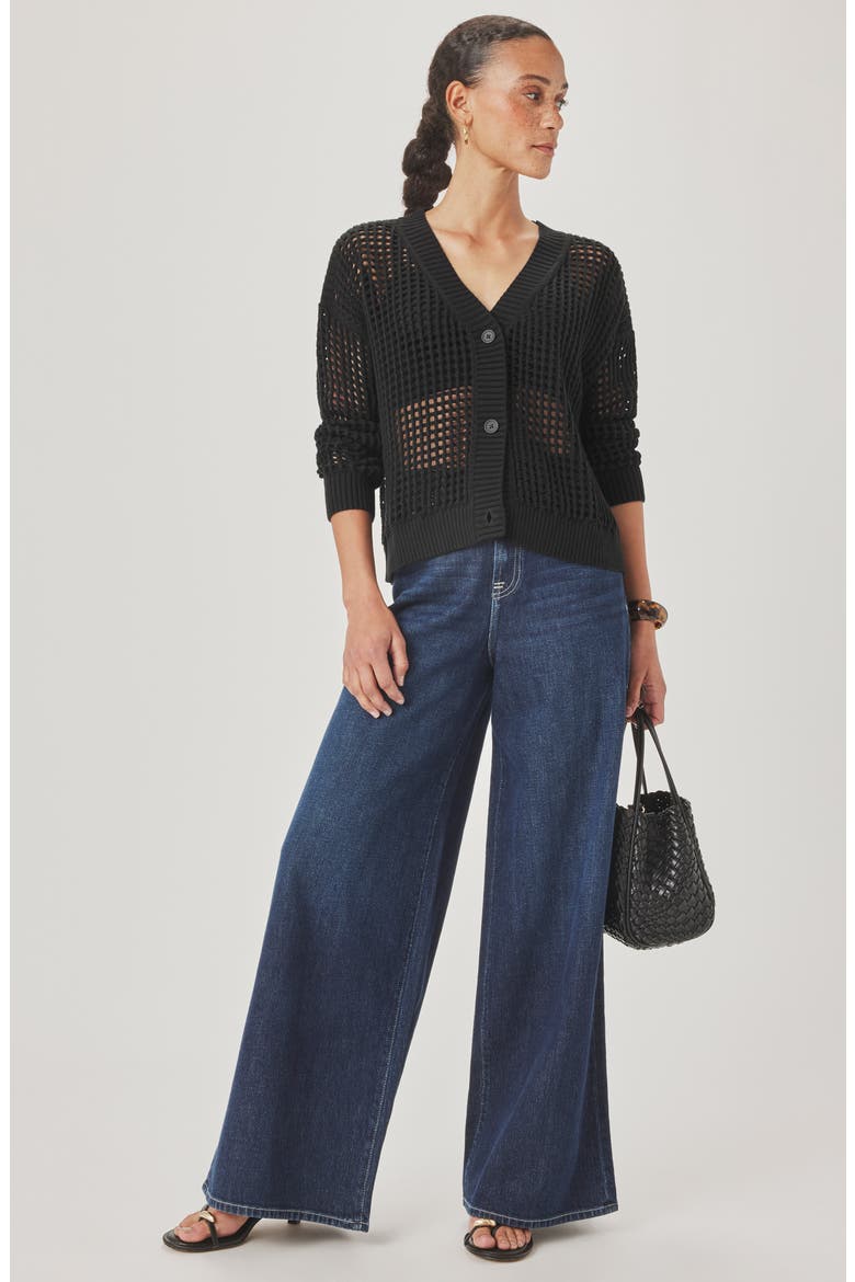 Camellia Openwork V-Neck Cotton Blend Cardigan, Alternate, color, BLACK