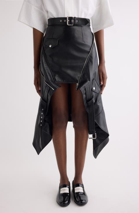 Belted Asymmetric Leather Biker Skirt