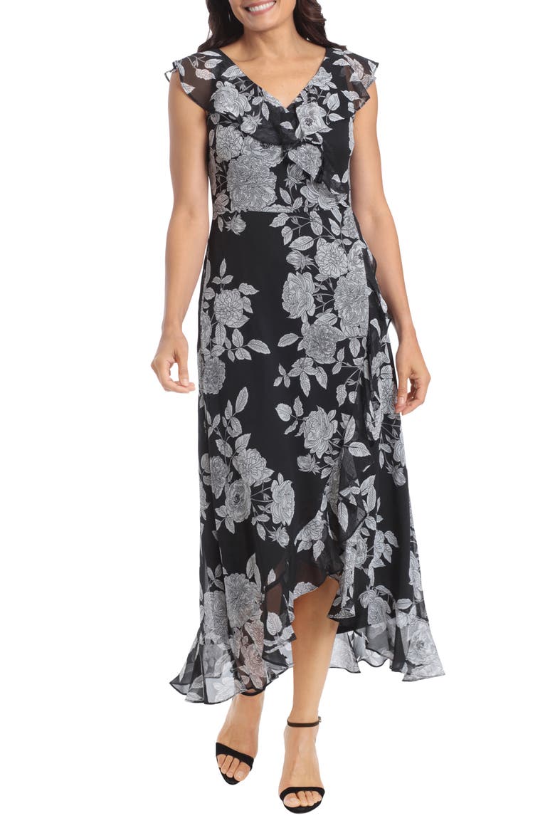 Ruffle Wrap Maxi Dress, Alternate, color, BLACK/ SOFT WHITE