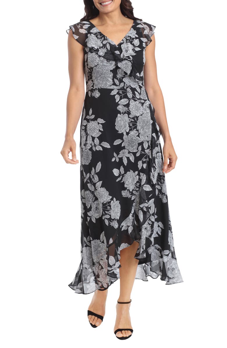 London Times Ruffle Wrap Maxi Dress, Alternate, color, Black/ Soft White