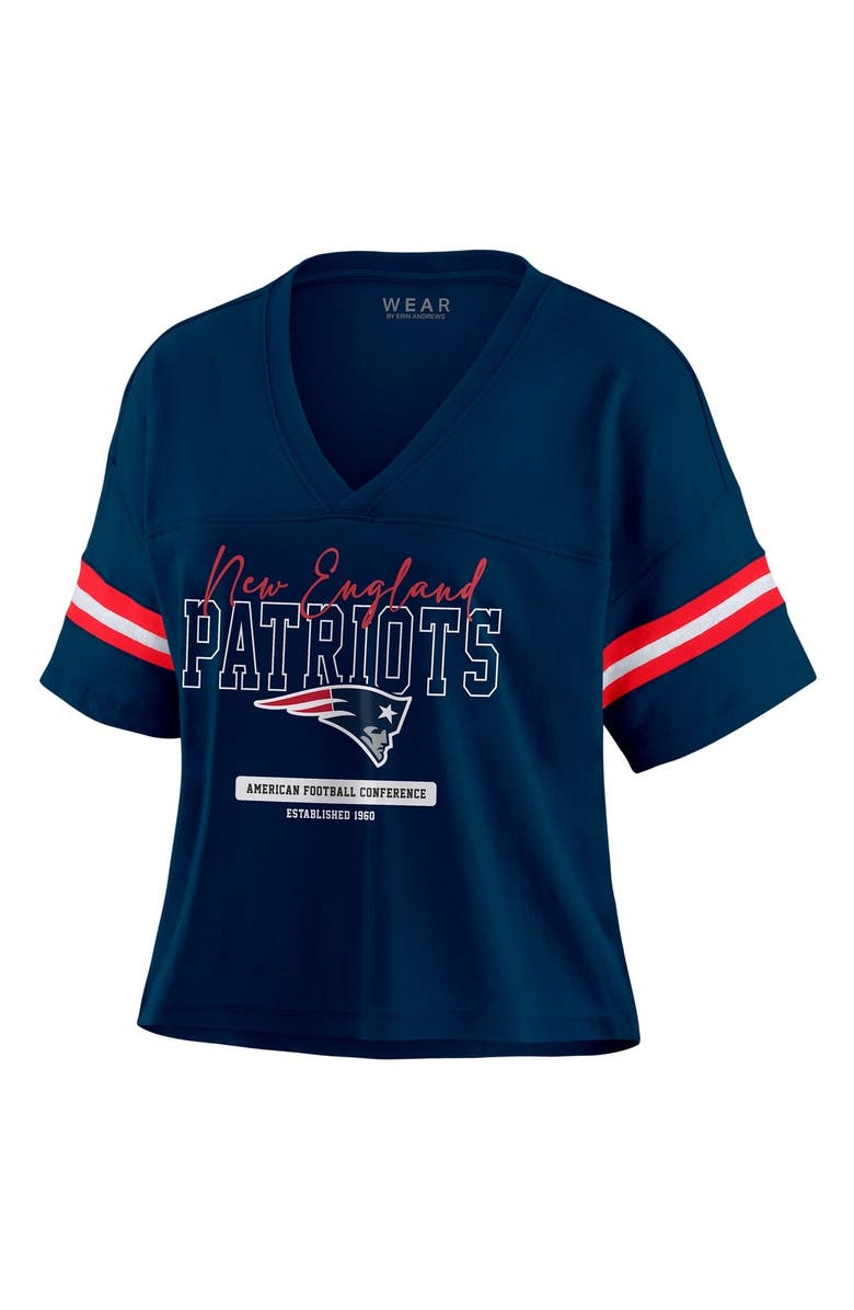 WEAR by Erin Andrews Women's WEAR by Erin Andrews Navy New England Patriots Color Block Boxy Modest Crop V-Neck T-Shirt, Alternate, color, 