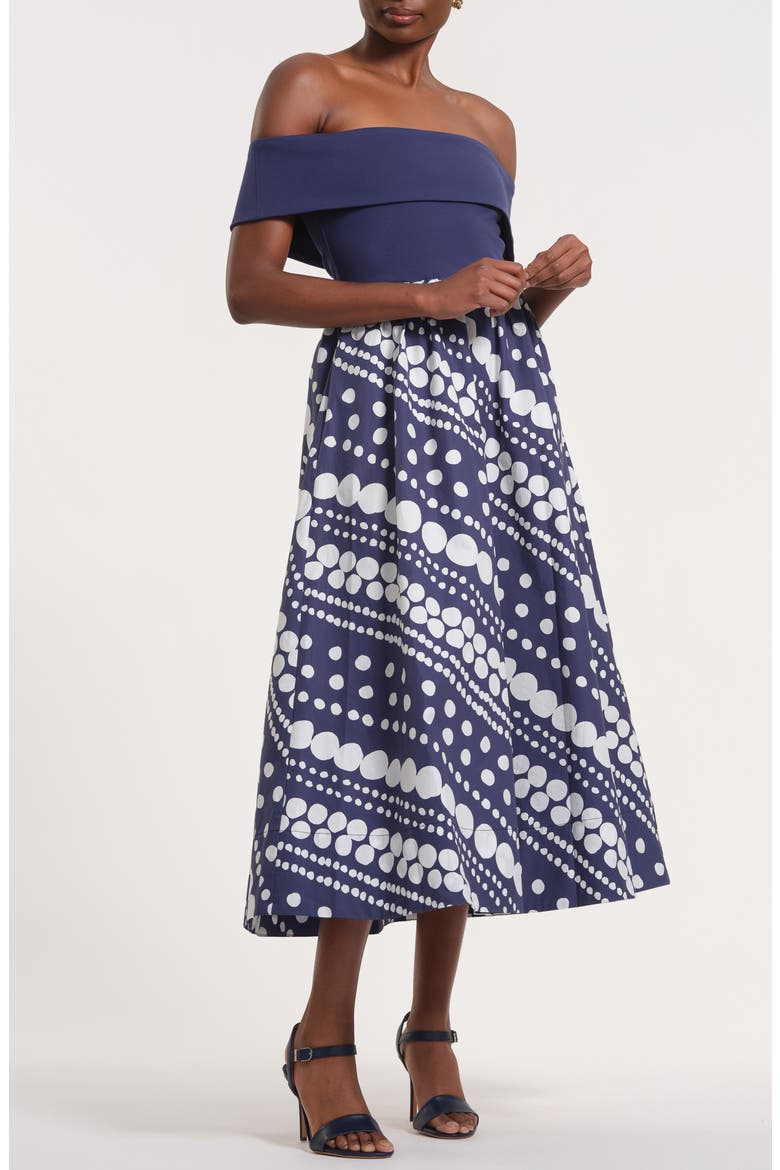 Off the Shoulder Midi Dress, Alternate, color, DOT NAVY