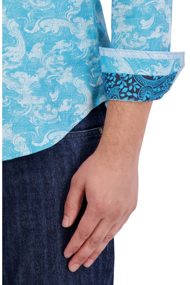 Poseidon Linen & Cotton Jacquard Button-Up Shirt, Alternate, color, TURQUOISE