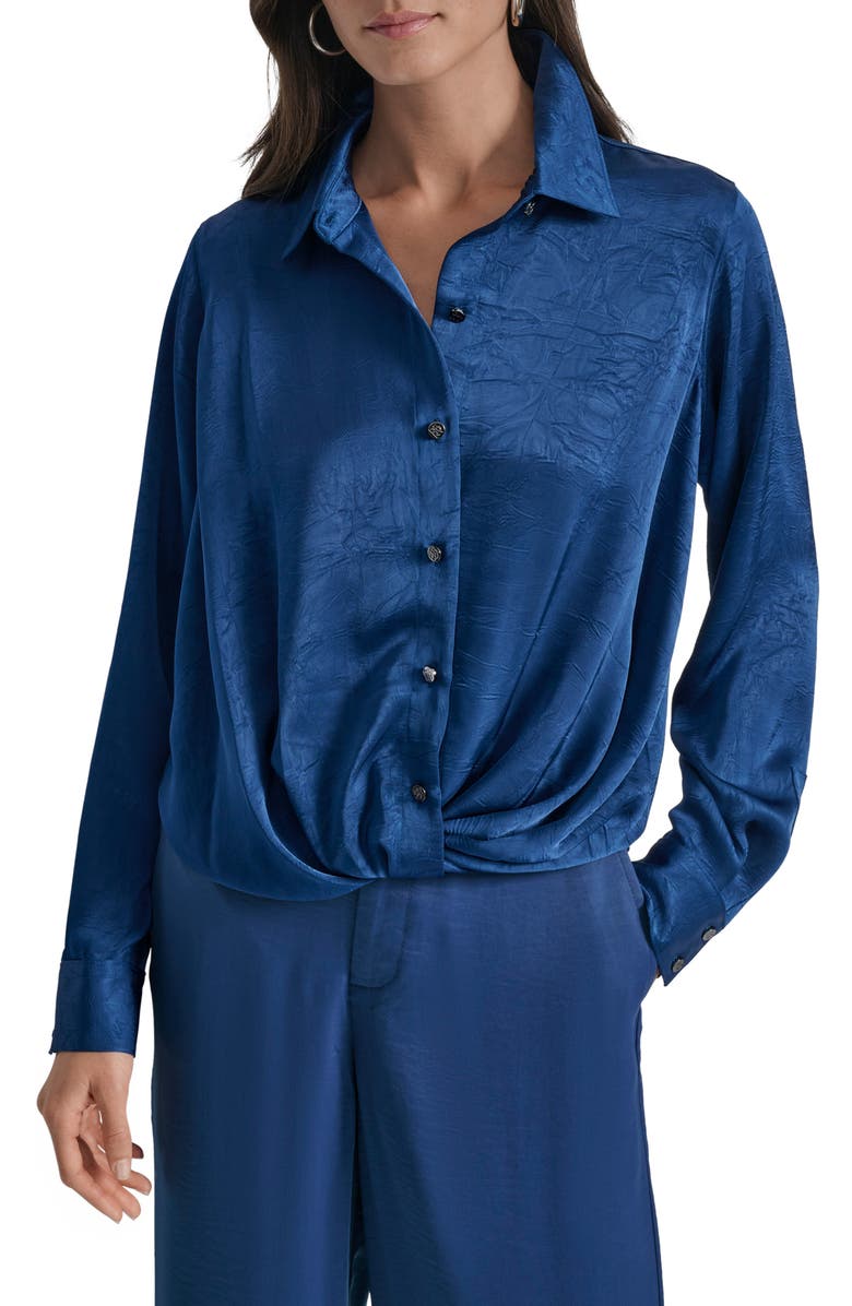 DKNY Twist Front Crinkle Satin Shirt, Main, color, Cadet Blue