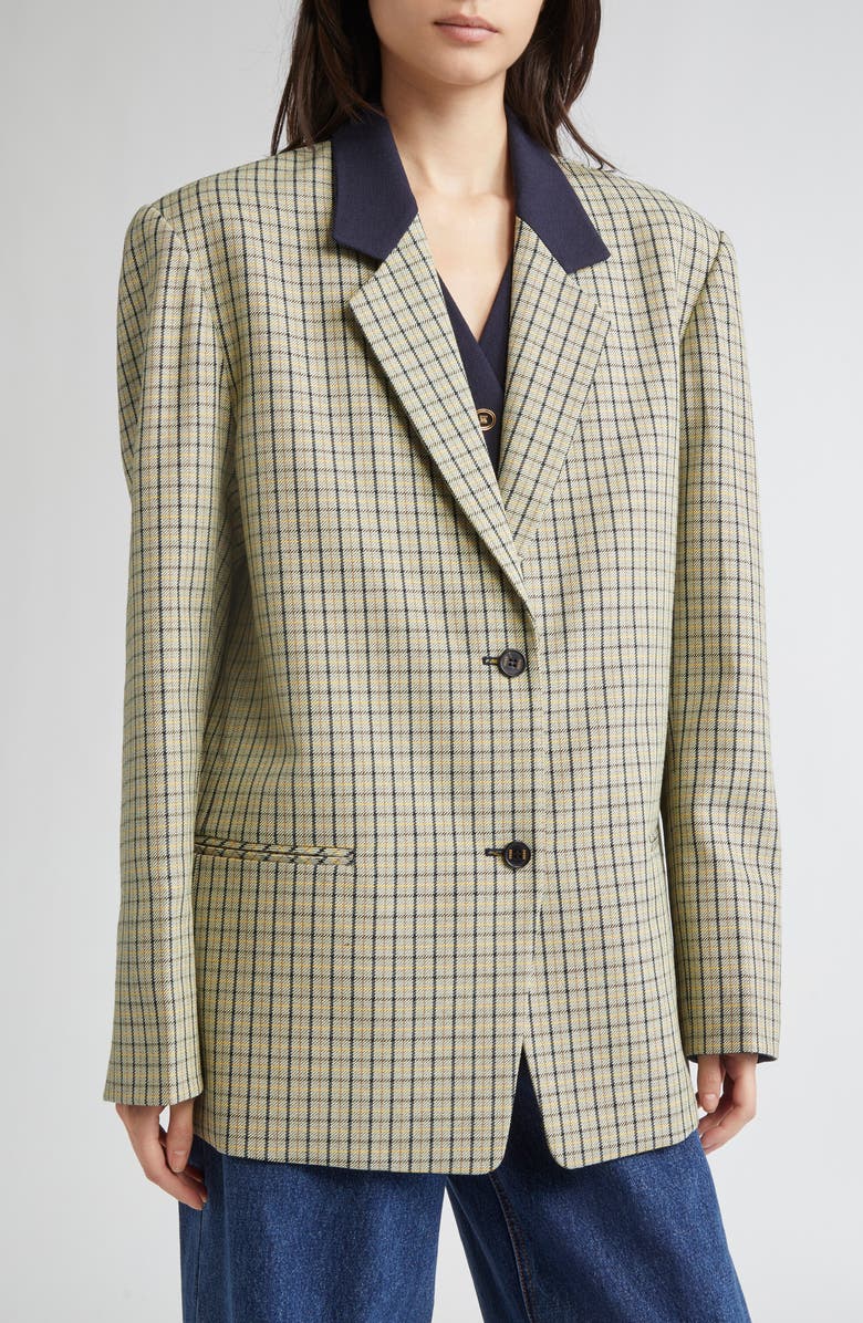 EENK Layered Single Breasted Check Blazer, Alternate, color, Green Multi