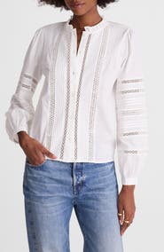 Madewell High Neck Lace Detail Pintuck Cotton Top