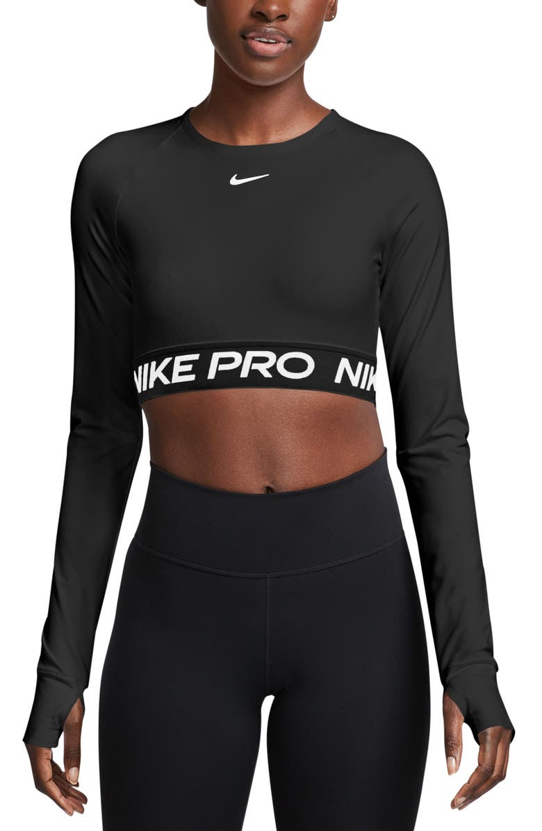 Nike Pro 365 Dri-FIT Long Sleeve Crop Top, Main, color, 010 010 Black/White