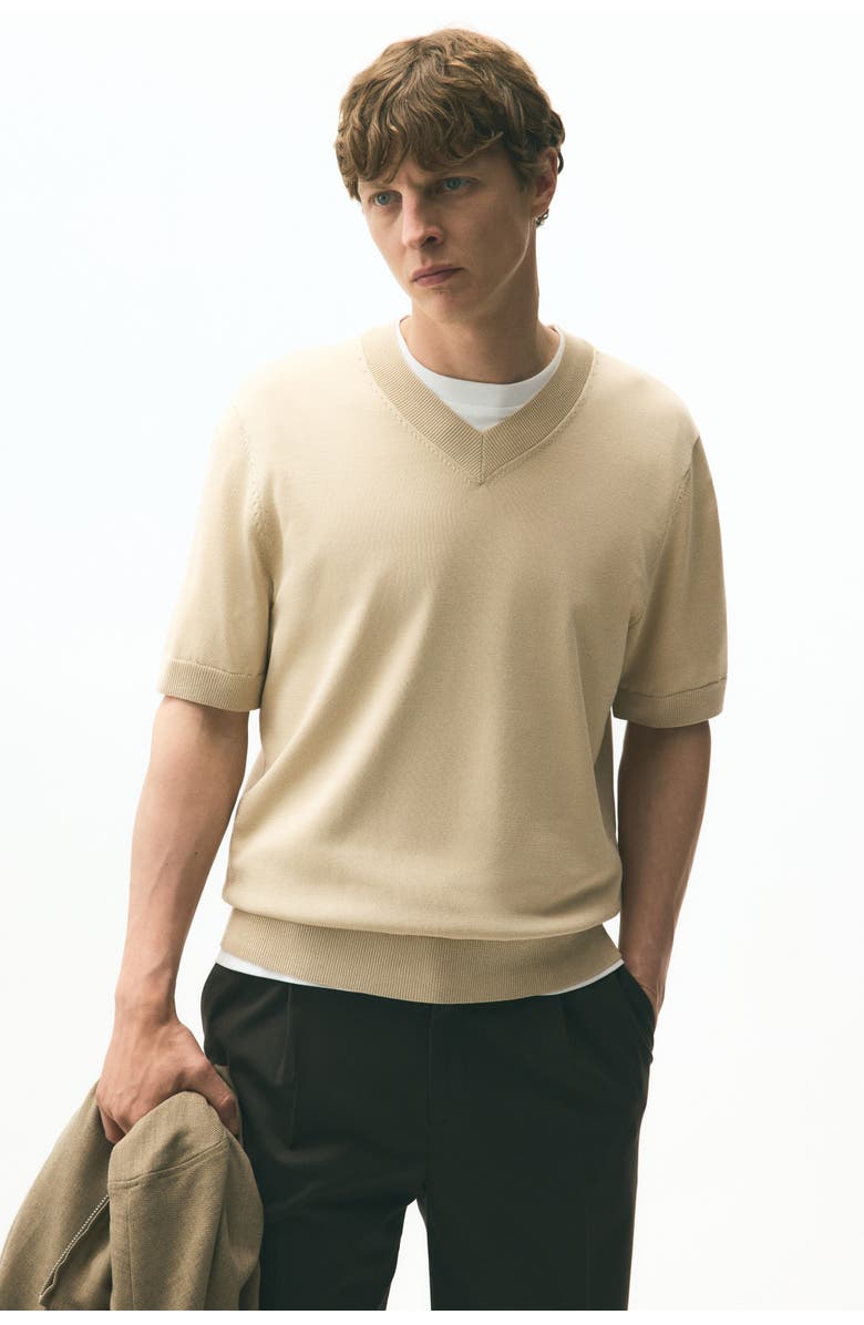 H&M Regular Fit Fine-knit V-neck T-shirt, Alternate, color, Beige