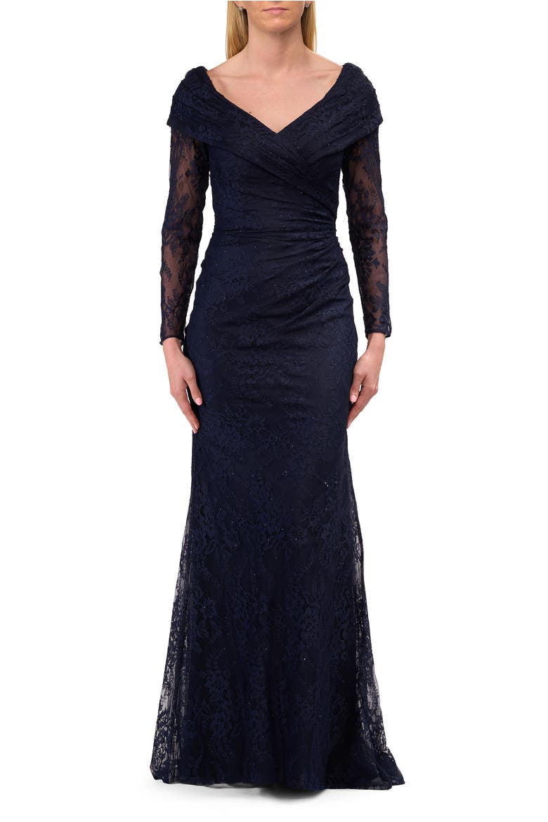 Lace Long Sleeve V-Neck Evening Gown, Main, color, Navy