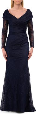 La Femme Lace Long Sleeve V-Neck Evening Gown