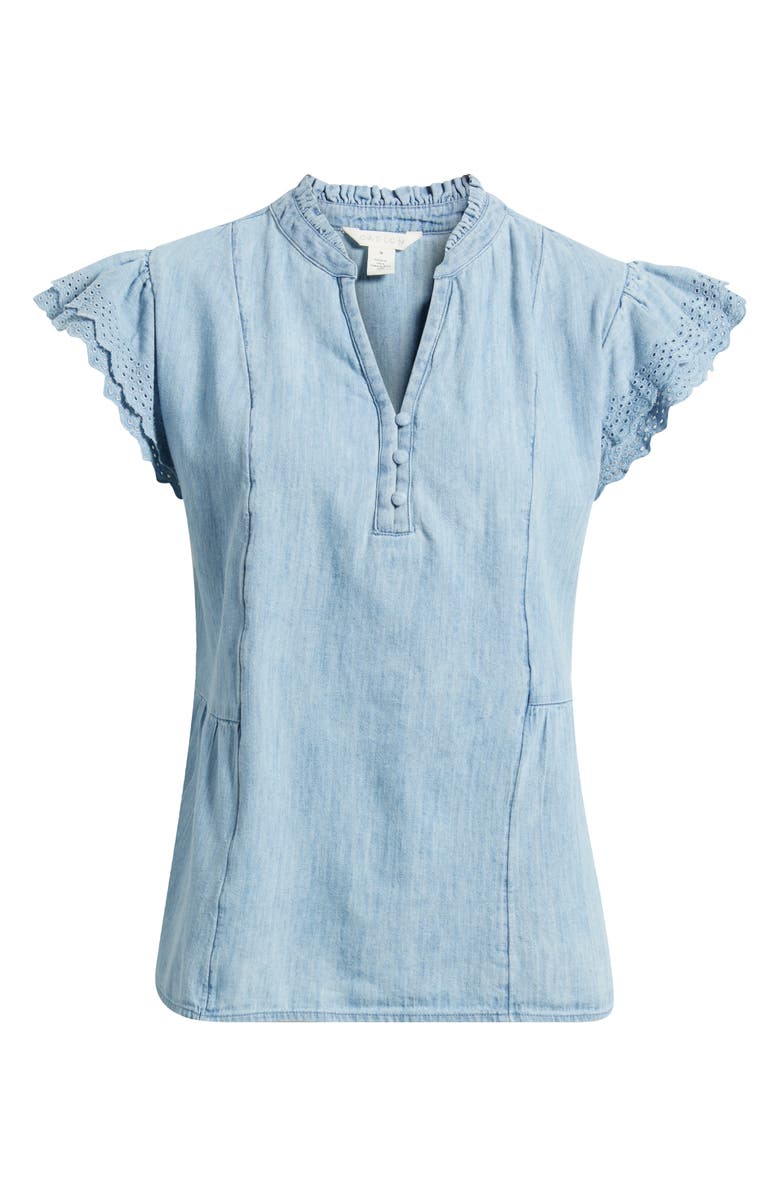 Caslon<sup>®</sup> Ruffle Eyelet Chambray Popover Top, Main, color, Light Wash