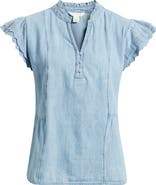 Caslon® Ruffle Eyelet Chambray Popover Top