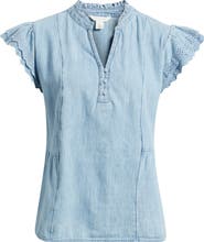 Caslon® Ruffle Eyelet Chambray Popover Top