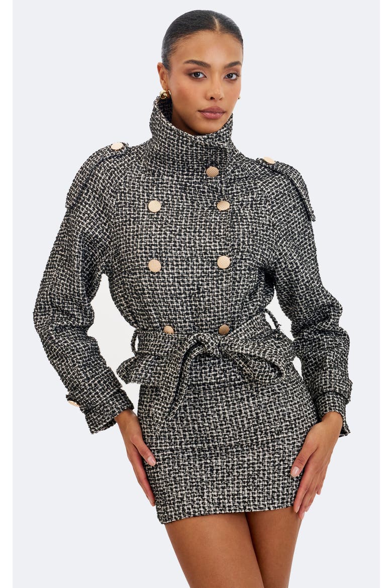 Sadie Tweed High Collar Belted Mini Jacket, Main, color, Black