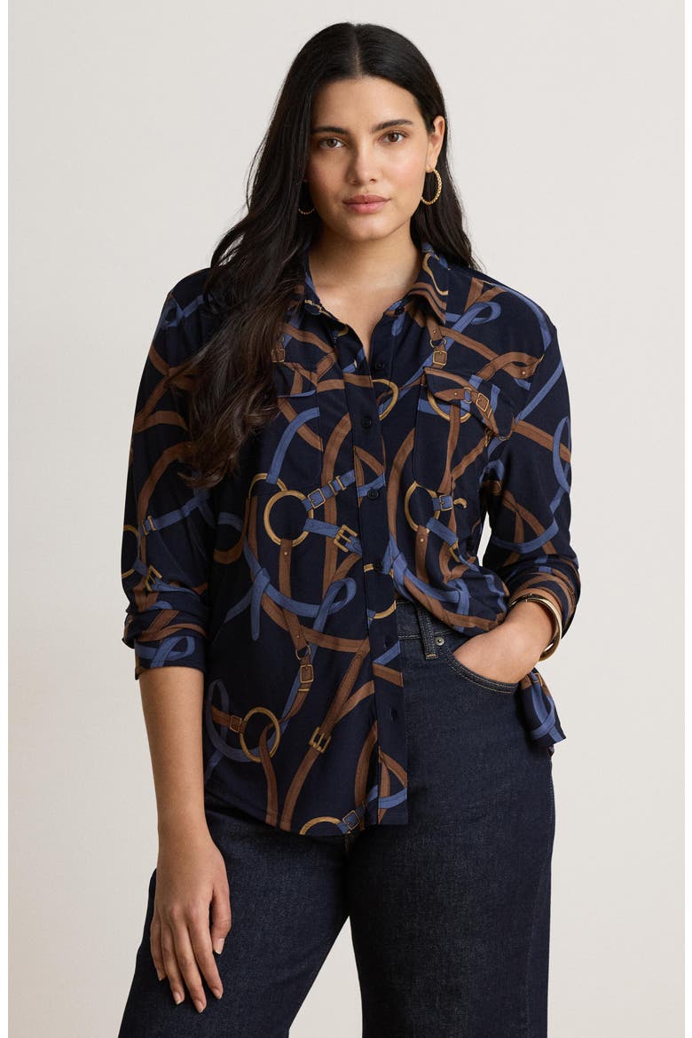 Classic Chain Print Stretch Jersey Knit Button-Up Shirt, Alternate, color, NAVY BLUE/ MULTI