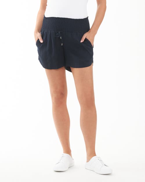Ripe Maternity Indi Smocked Linen Blend Drawstring Maternity Shorts In Blue