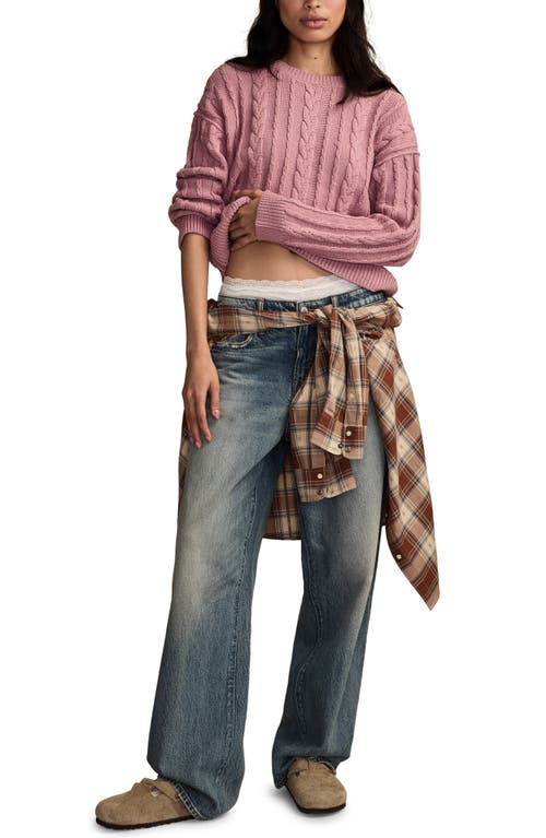 Lucky Brand Cable Stitch Crewneck Cotton Sweater In Pink