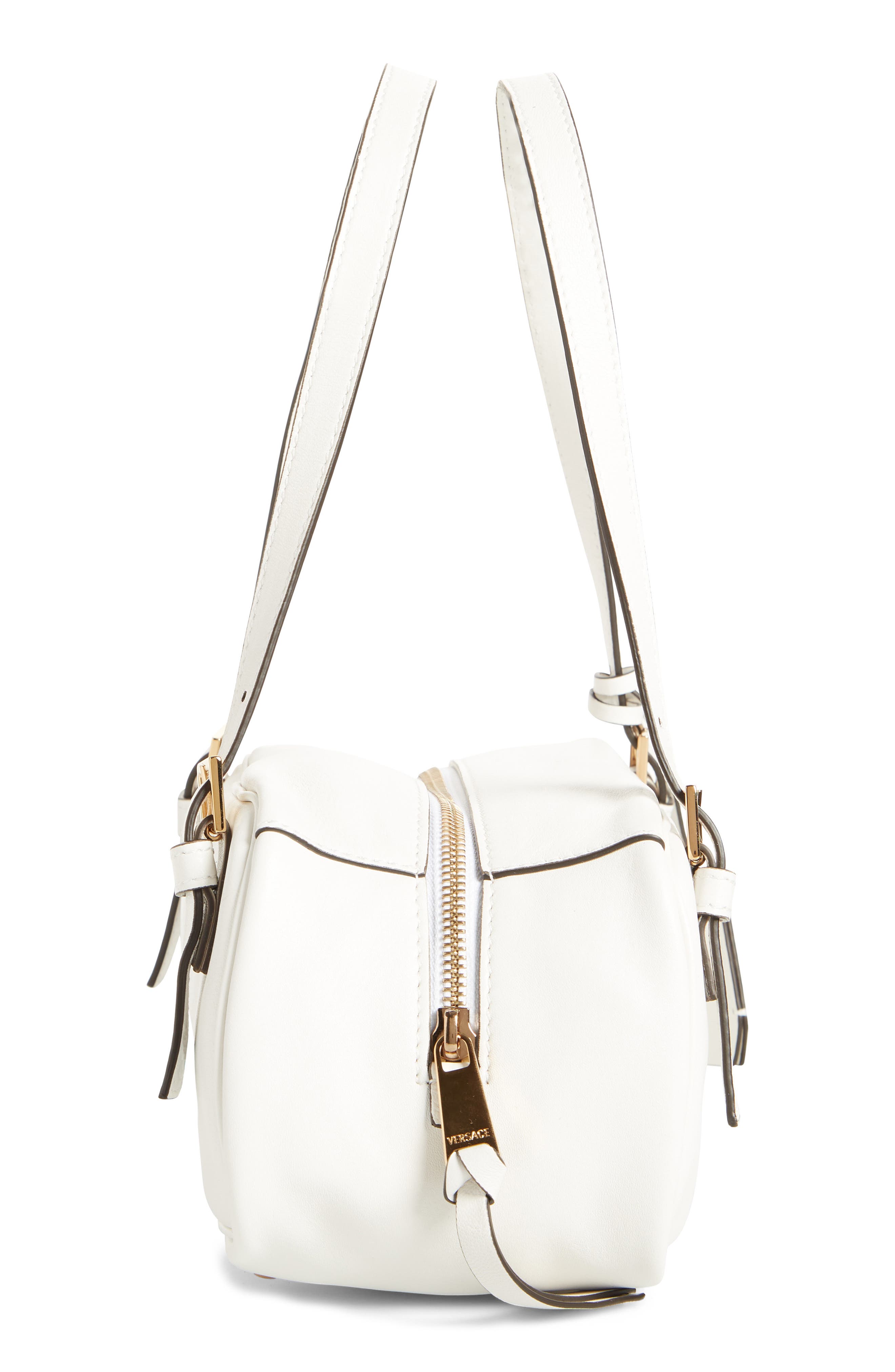 Small Logo East/West Leather Shoulder Bag, Alternate, color, PORCELAIN WHITE VERSACE GOLD