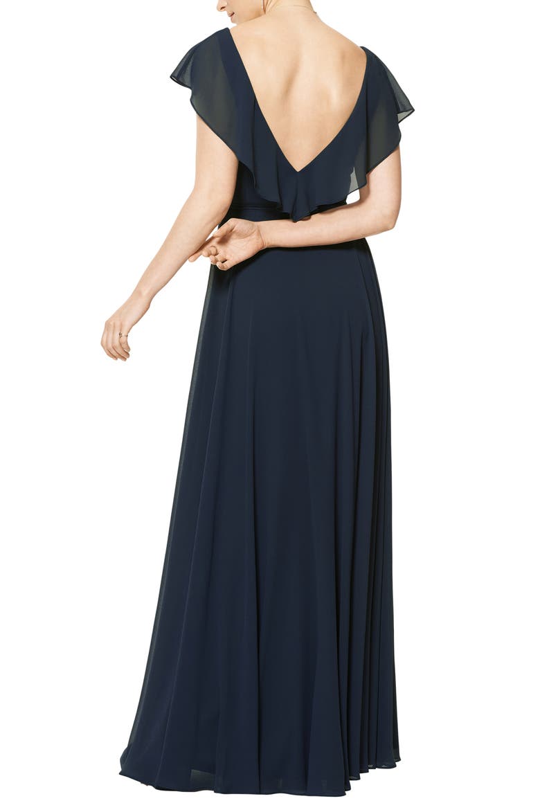 Ruffle V-Neck Wrap Gown, Alternate, color, NAVY