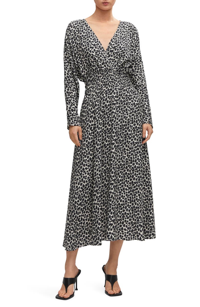 MANGO Smocked Long Sleeve Midi Dress, Main, color, Black