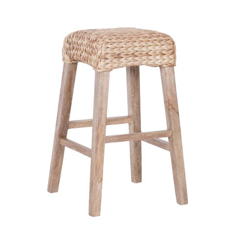 Maui Hyacinth/Wood Backless Stool, Woven Seat with Natural Wood Frame