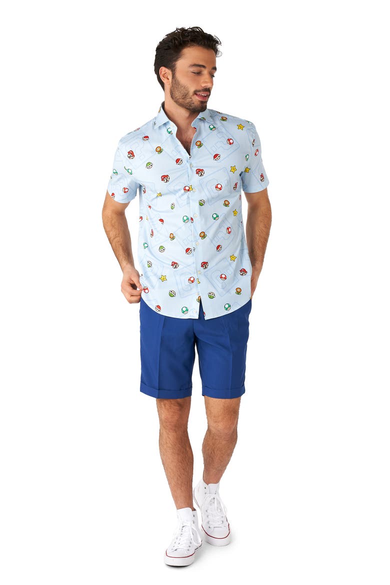 Super Mario™ Stretch Short Sleeve Button-Up Shirt, Alternate, color, BLUE