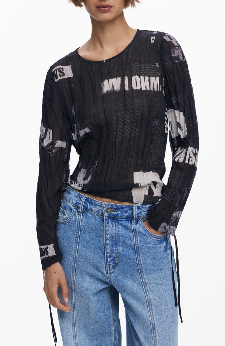 Desigual Print Crinkle Top, Main, color, Black