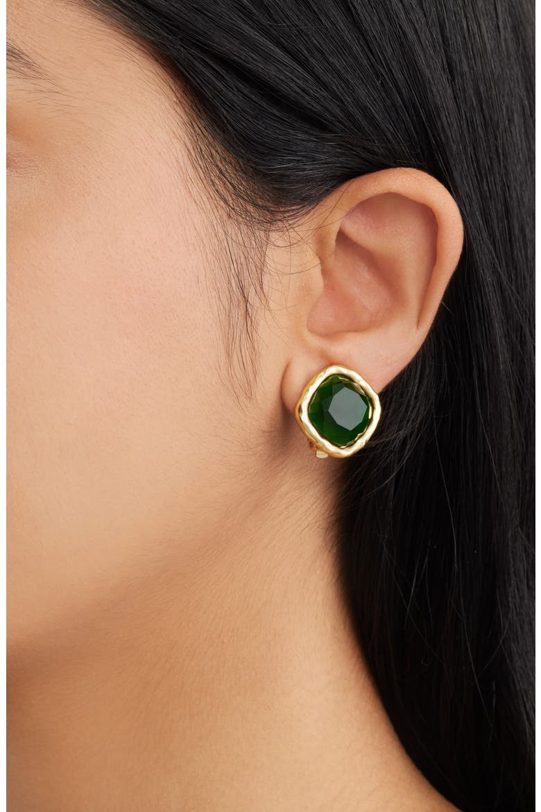 Bezel Clip-On Earrings, Alternate, color, GREEN/ GOLD