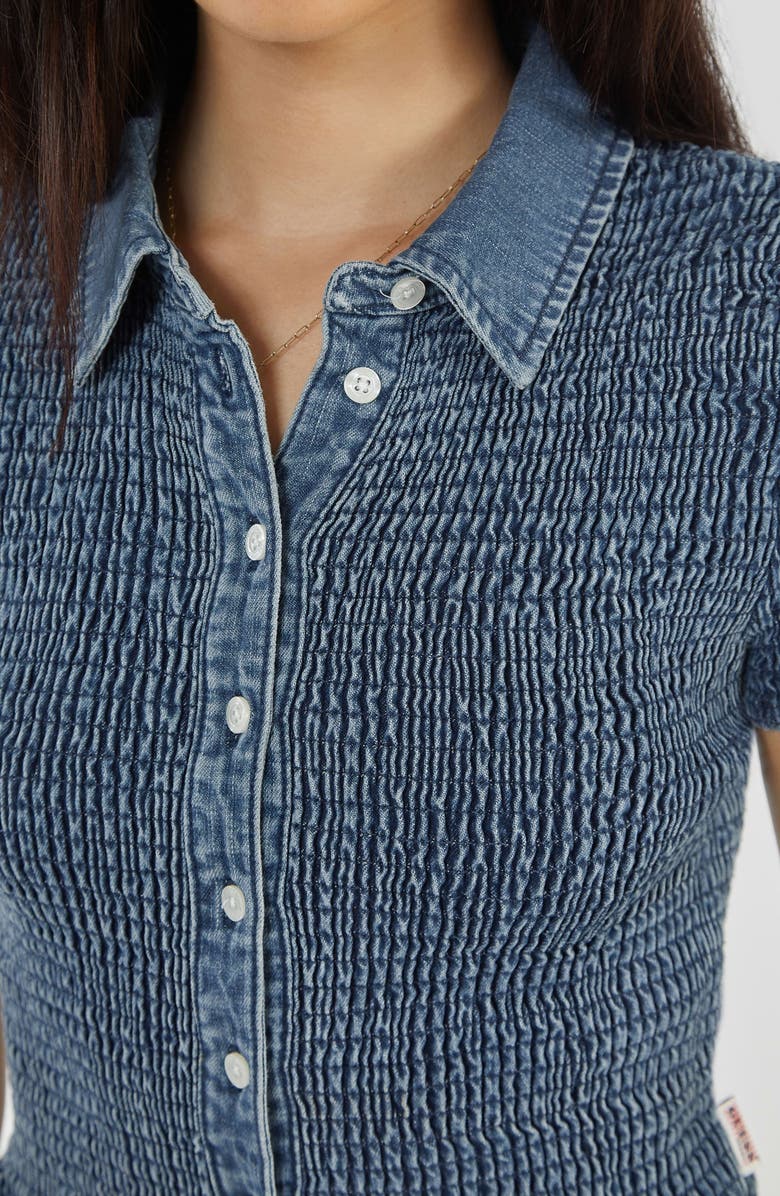 GUESS Smocked Short Sleeve Denim Button-Up Shirt, Alternate, color, 