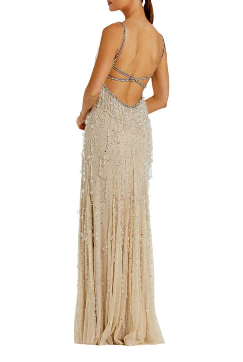 Mac Duggal V-neck Net Gown With Thin Straps And Elegant Embellishments