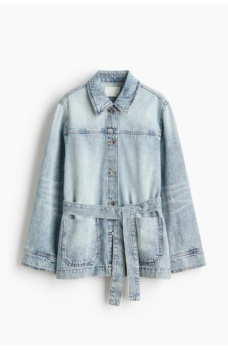 H&M Tie-belt denim jacket, Alternate, color, Light Denim Blue