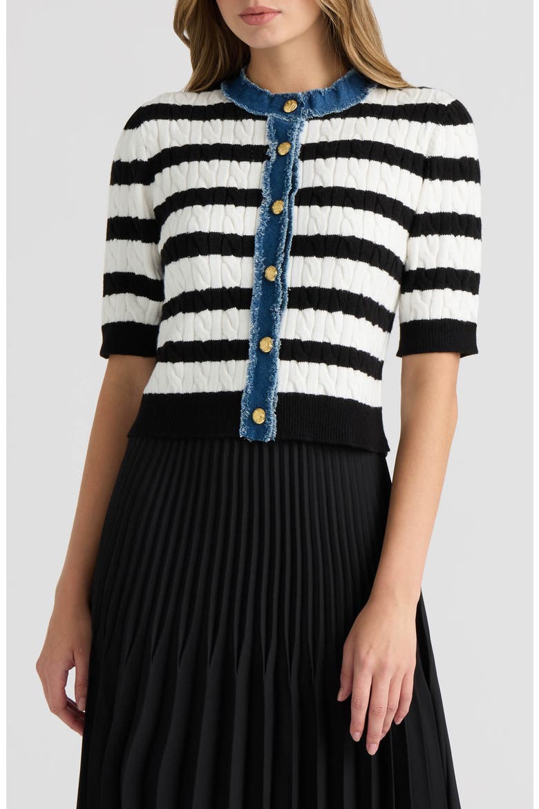 Cable Cardigan with Denim Trim, Main, color, MRSHMLW/ BLCK STRP