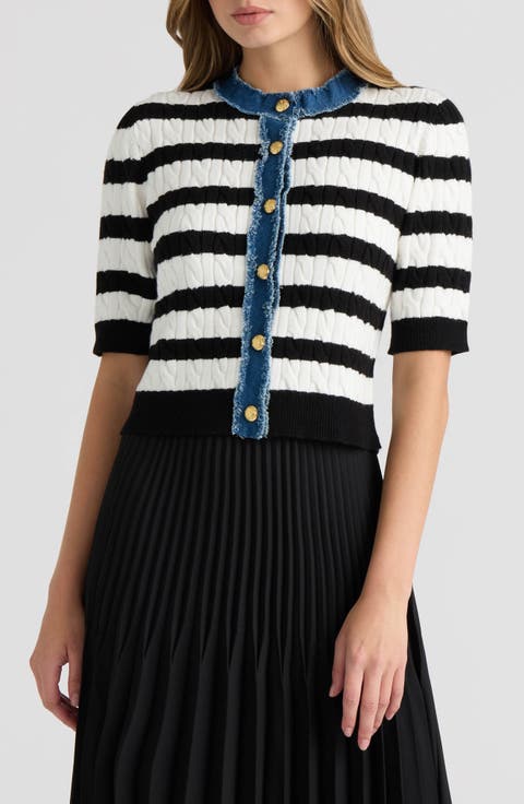 Cable Cardigan with Denim Trim