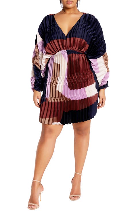 Keely Pleated Long Sleeve Cocktail Dress (Plus)