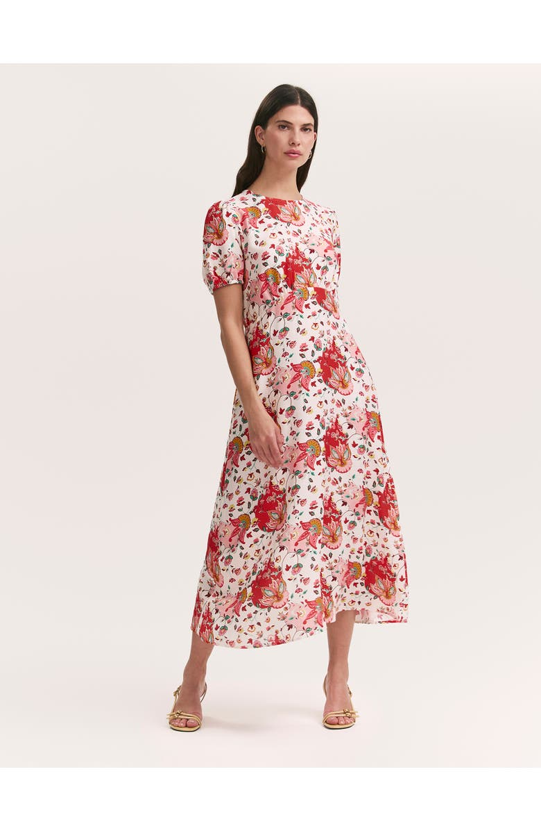 Finery London Lili Floral Short Sleeve Midi Tea Dress, Main, color, Coral Floral
