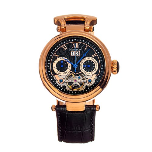 Heritor Automatic Ganzi Semi-Skeleton Leather-Band Watch in Rose Gold/black at Nordstrom