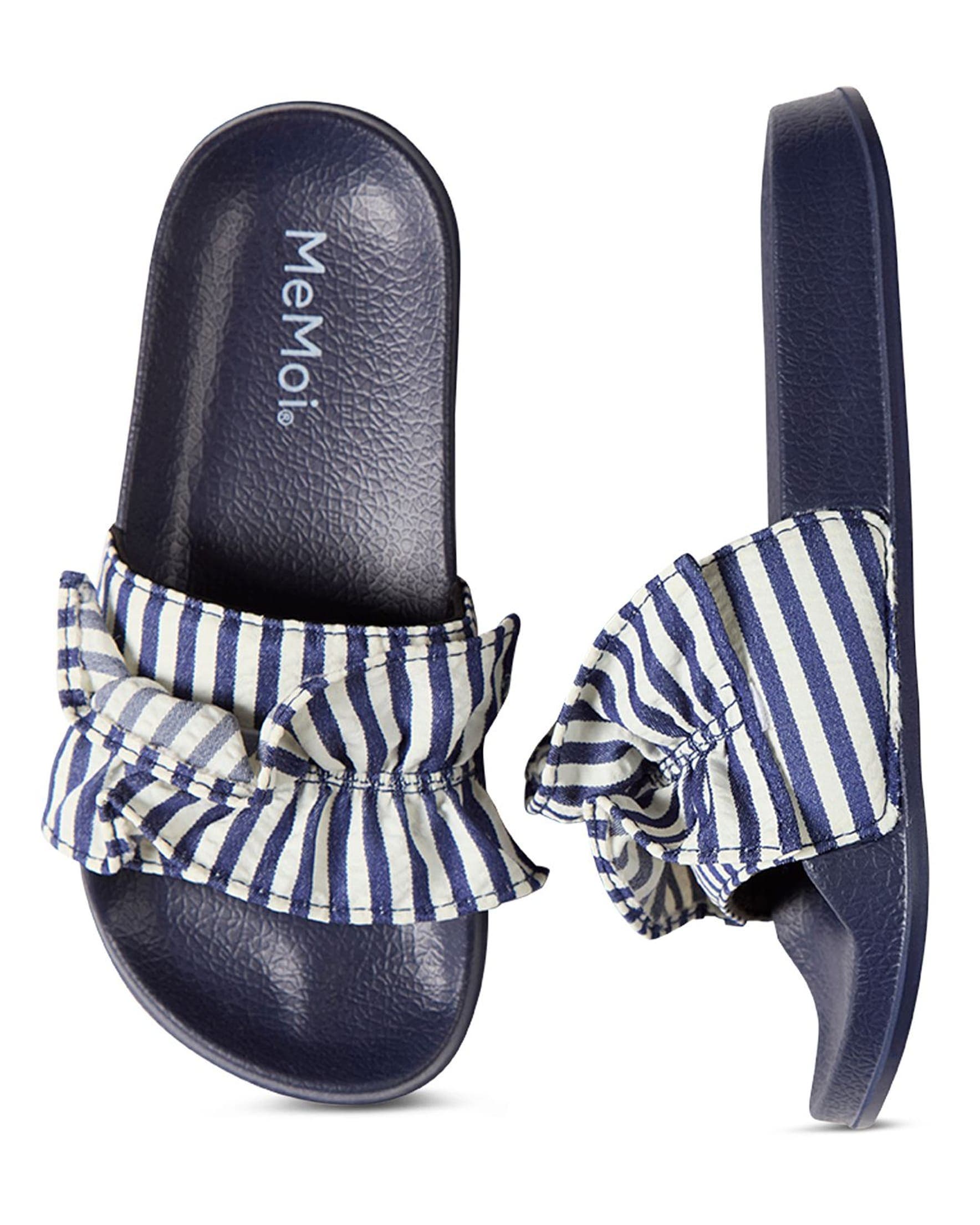 Kids' Ruffle Stripe Slip-On Slide Sandal, Alternate, color, Blue