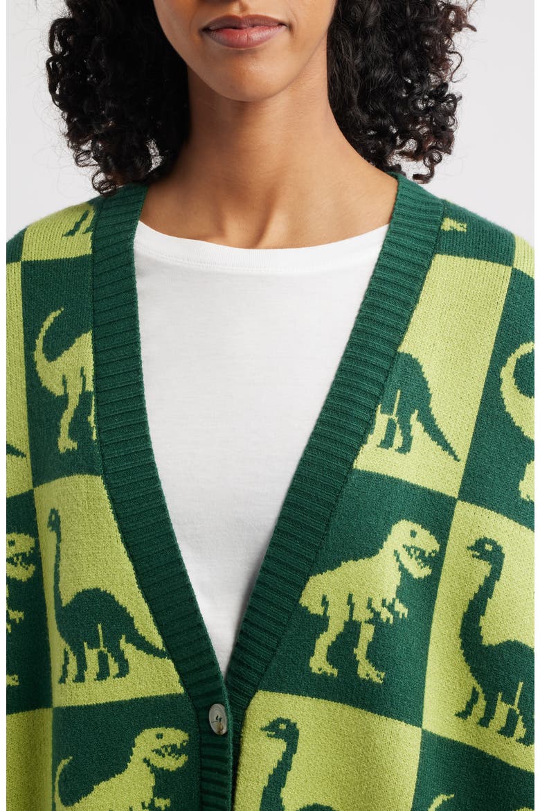 Dino Drama Oversize Jacquard Cardigan, Alternate, color, GREEN