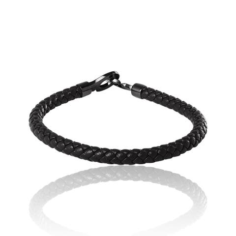 Braided Leather Bracelet with Matte Black Hook Clasp