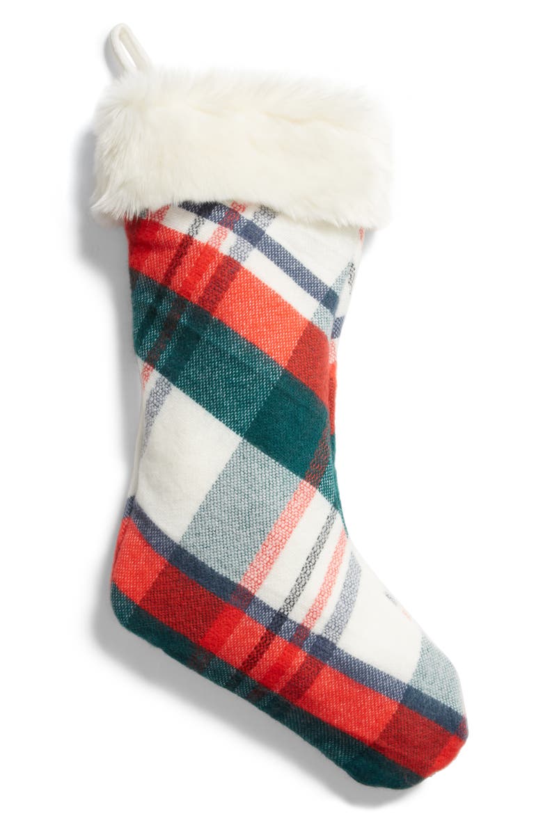 Plaid Stocking with Faux Fur Trim, Main, color, GREEN BOTANICAL PLAID