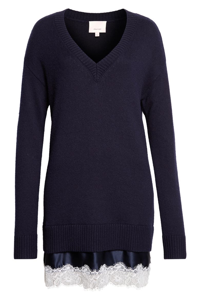 Simona Lace Trim Long Sleeve Sweater Dress, Alternate, color, NAVY/ NAVY