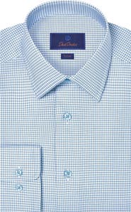David Donahue Trim Fit Light Blue Microcheck Cotton Dobby Dress Shirt
