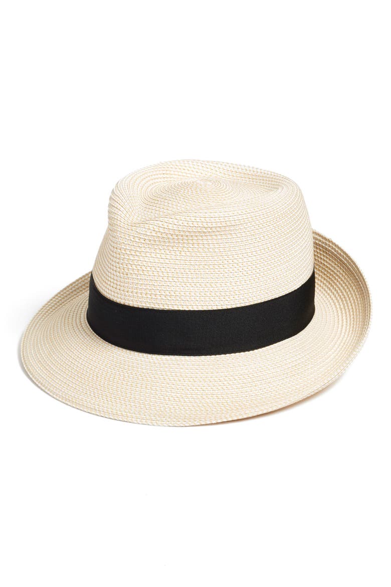 Classic Squishee® Straw Packable Fedora Sun Hat, Alternate, color, CREAM/ BLACK